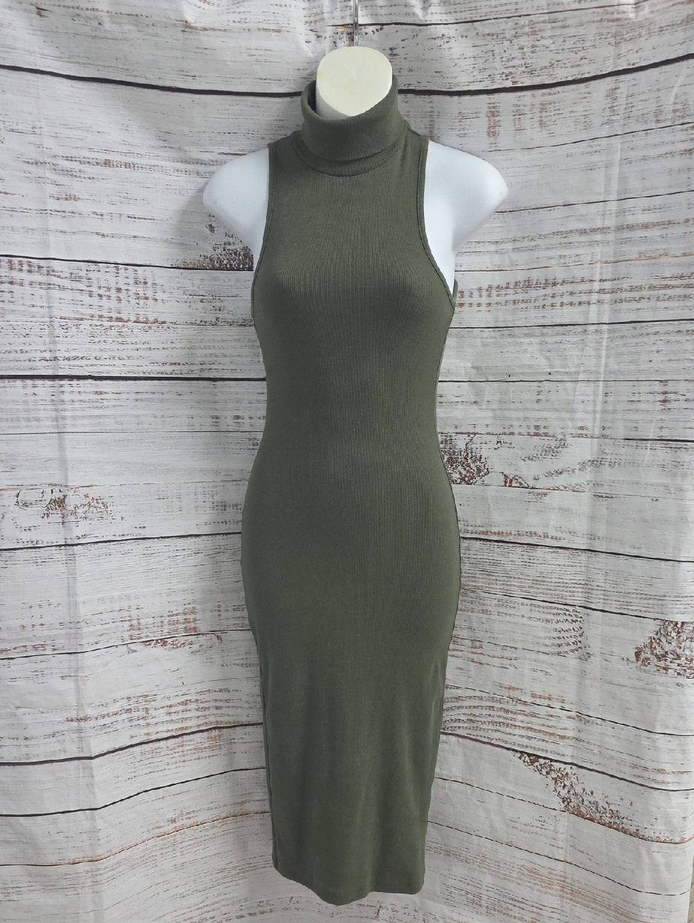 Zara Olive Green Ribbed Sleeveless Midi Dress